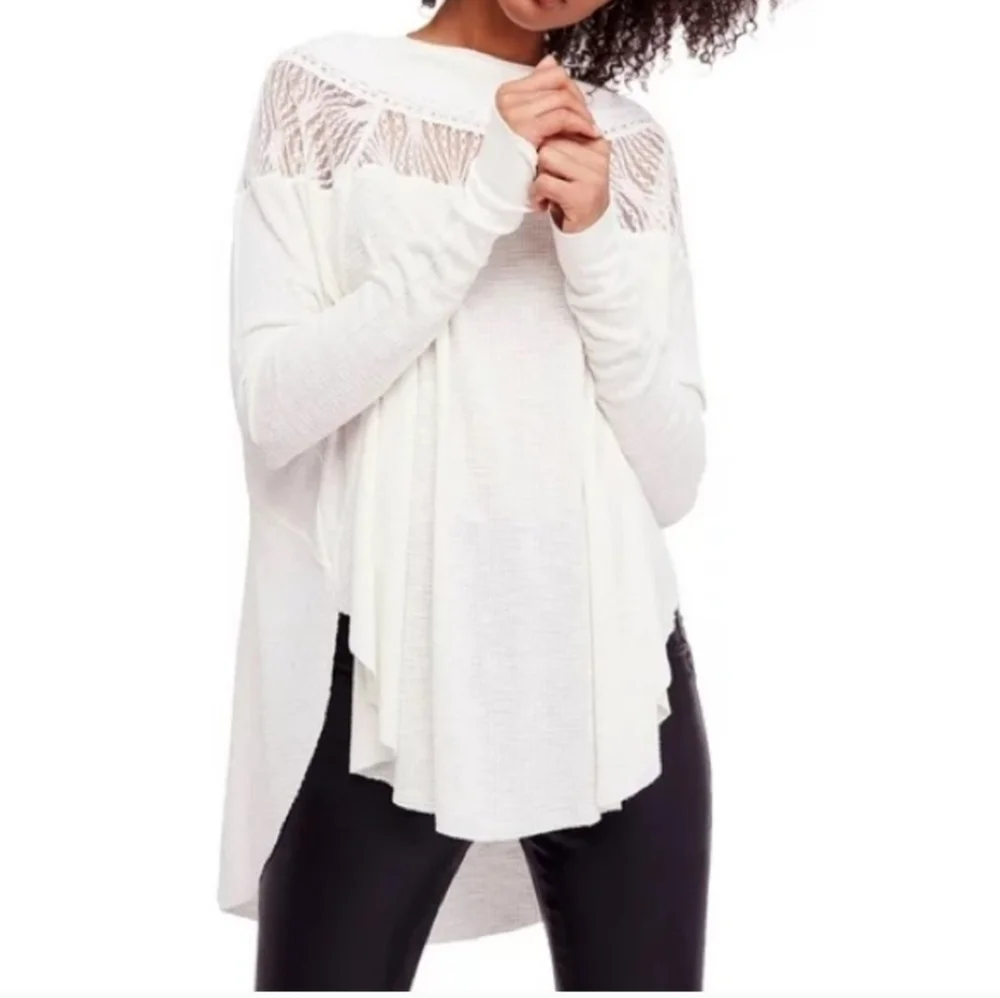 FREE PEOPLE SpringValley Waffle Knit Lace Boho LongSleeve Top.Taupe Gray. SM